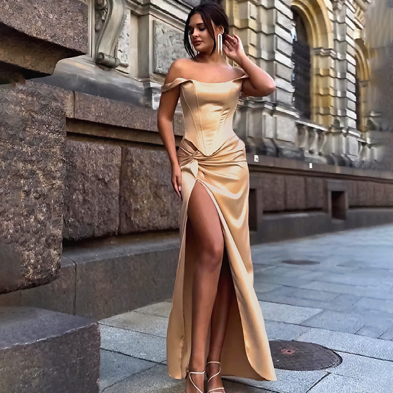 Damen Elegantes Abendkleid mit schulterfreiem Schnitt und hohem Schlitz Drune