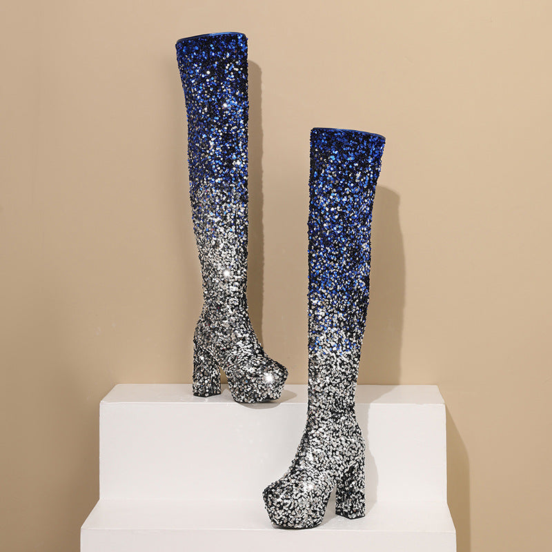 Damen Hochglanz Glitzer Oberschenkelhohe Plateau Stiefel Drune