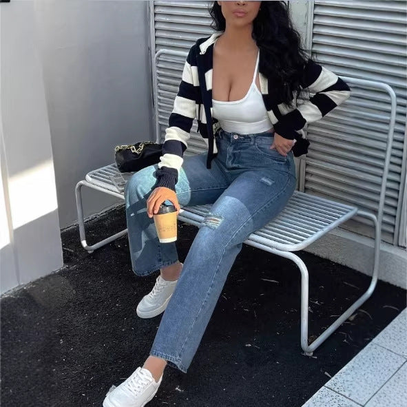 Damen hochtaillierte Relaxed‑Straight Denim‑Jeans mit weitem Bein und dezenten Destroy‑Details Drune