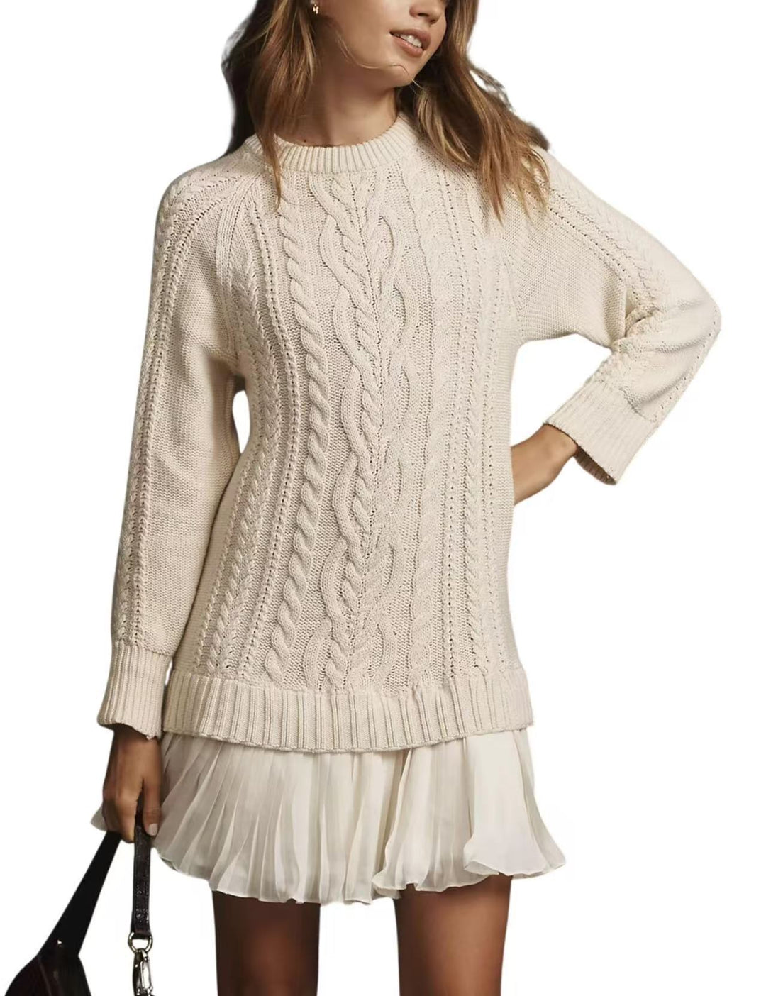 Damen nan Kabelstrick-Pullover mit Tunika-Schnitt, Zopfmuster und Rippbündchen Drune