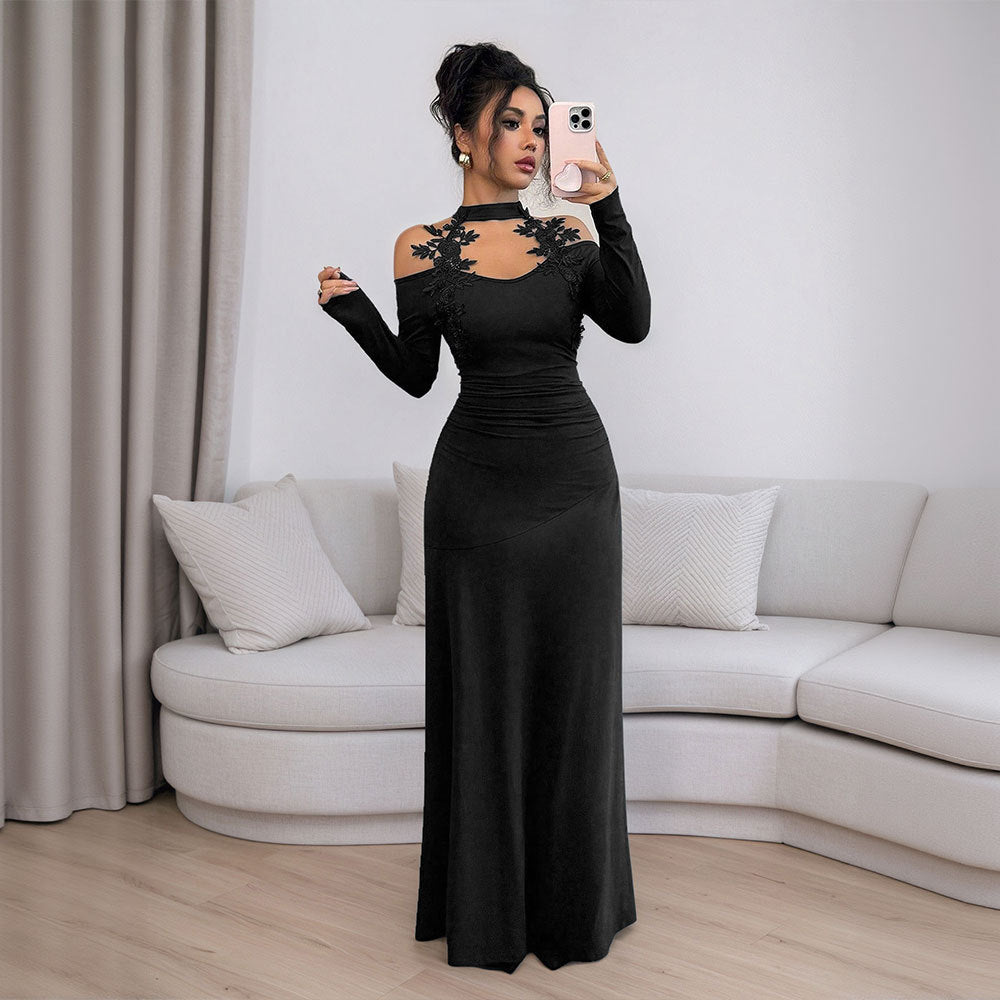Damen figurbetontes Abendkleid mit schulterfreier Ärmelgestaltung und floralen Akzenten Drune