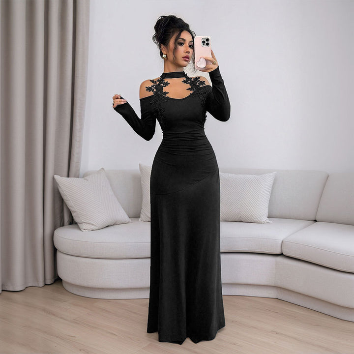 Damen figurbetontes Abendkleid mit schulterfreier Ärmelgestaltung und floralen Akzenten Drune
