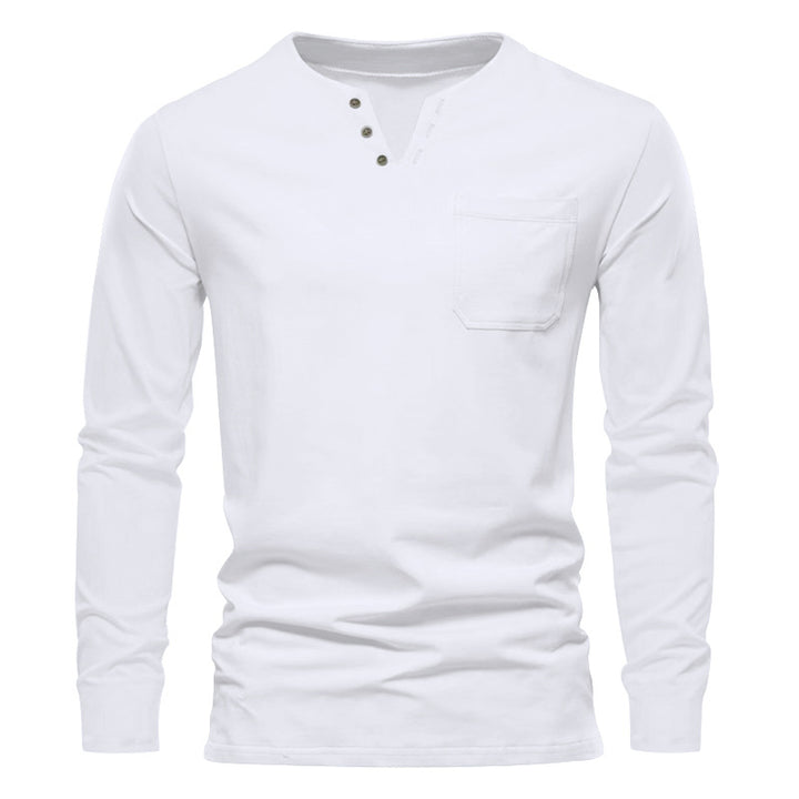 Herren nan modernes Henley-Langarmshirt mit asymmetrischer Knopfleiste und Brusttasche Drune