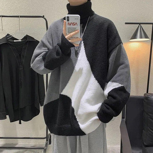 Herren Grobstrickpullover mit hohem Kragen und modernen Farbblocks Drune