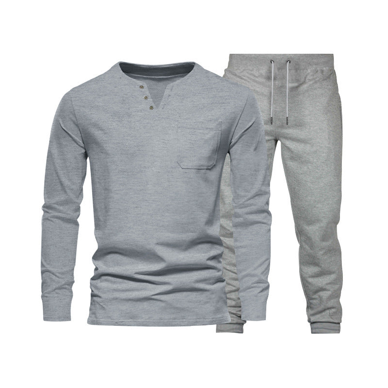 Herren Langarm‑Henley Loungewear‑Set mit Brusttasche und tapered Jogginghose Drune