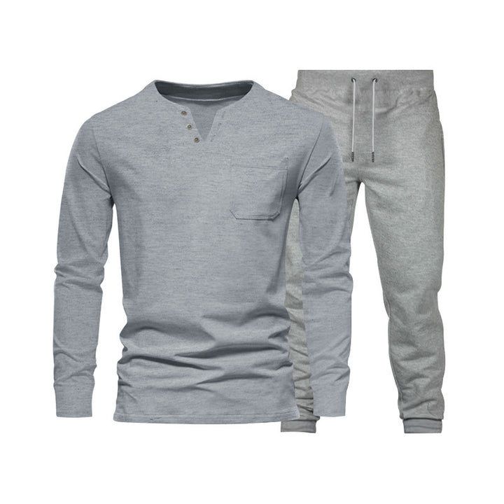 Herren Langarm‑Henley Loungewear‑Set mit Brusttasche und tapered Jogginghose Drune