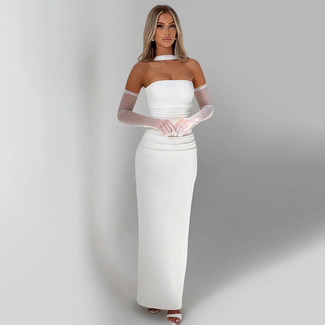 Damen figurbetontes Abendkleid mit Schulterband und langen Handschuhen Drune