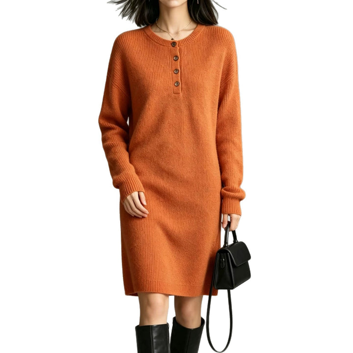 Damen Midilanges Strickkleid mit Henley-Leiste und gerippten Bündchen Drune