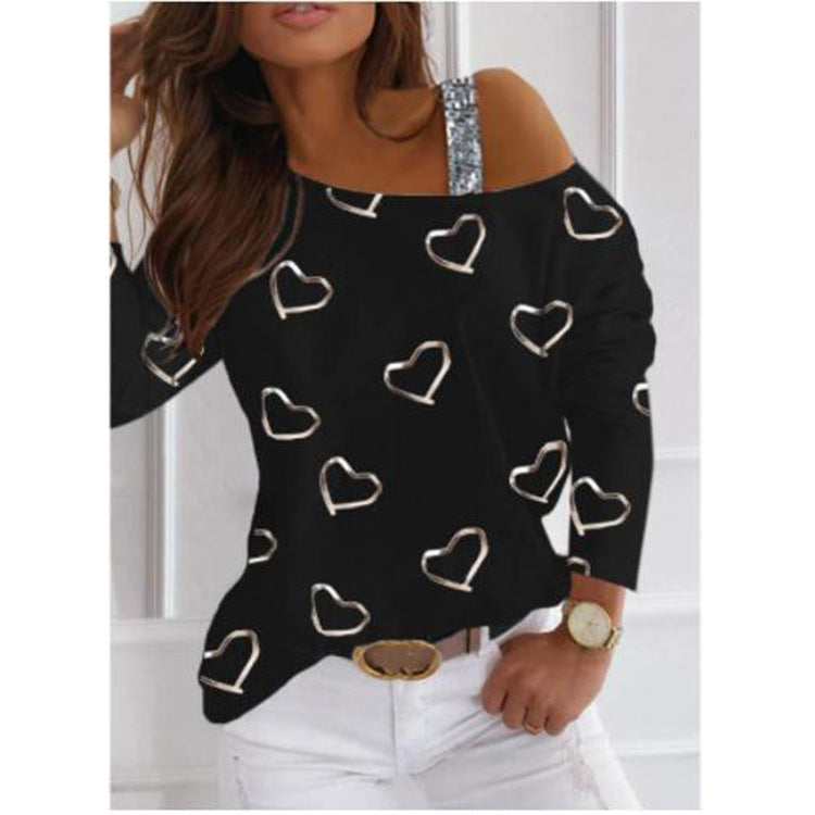 Damen Off-Shoulder Strickpullover mit Herzprint und Paillettenträger Drune