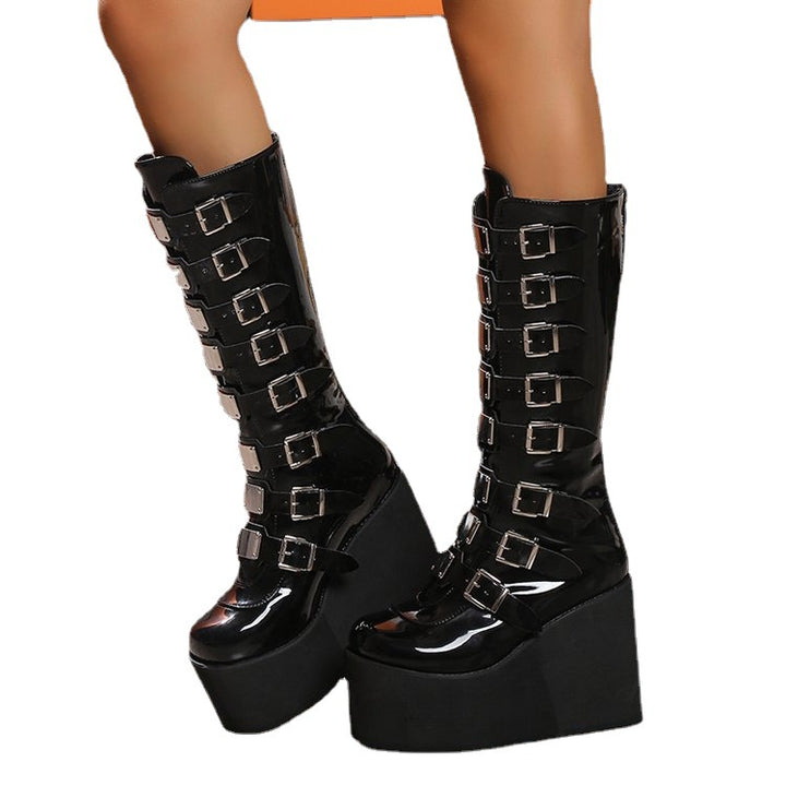 Damen Plateau Stiefel mit verstellbaren Riemen und robustem Profil Drune