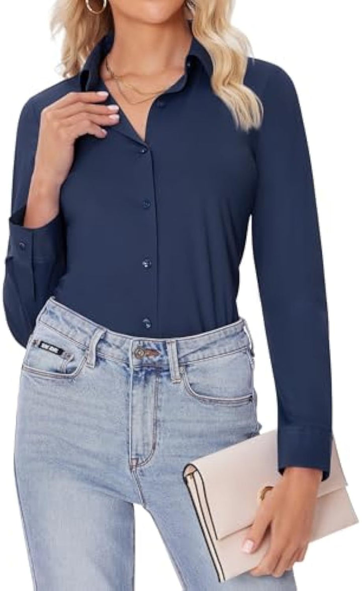 Damen Klassische Viskose-Stretch Hemdbluse mit Kentkragen und Manschetten Drune