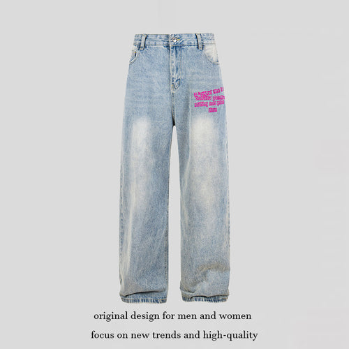 Damen Weite High‑Waist Jeans im Vintage-Look mit elastischem Saum und Statement-Stickerei Drune