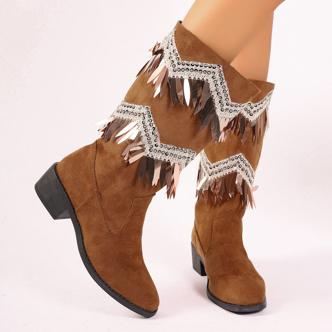 Damen Stiefel mit modischen Fransen und Glitzerdetails Drune
