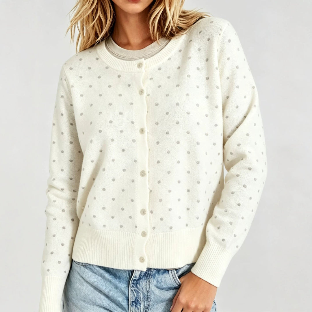 Damen Gepunktete Feinstrick-Cardigan mit Rundhals und Rippbündchen Drune