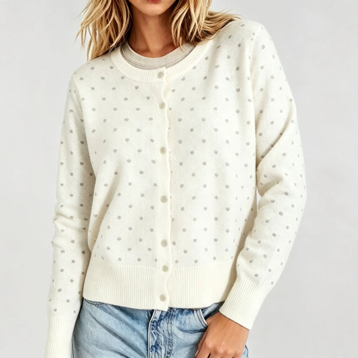 Damen Gepunktete Feinstrick-Cardigan mit Rundhals und Rippbündchen Drune