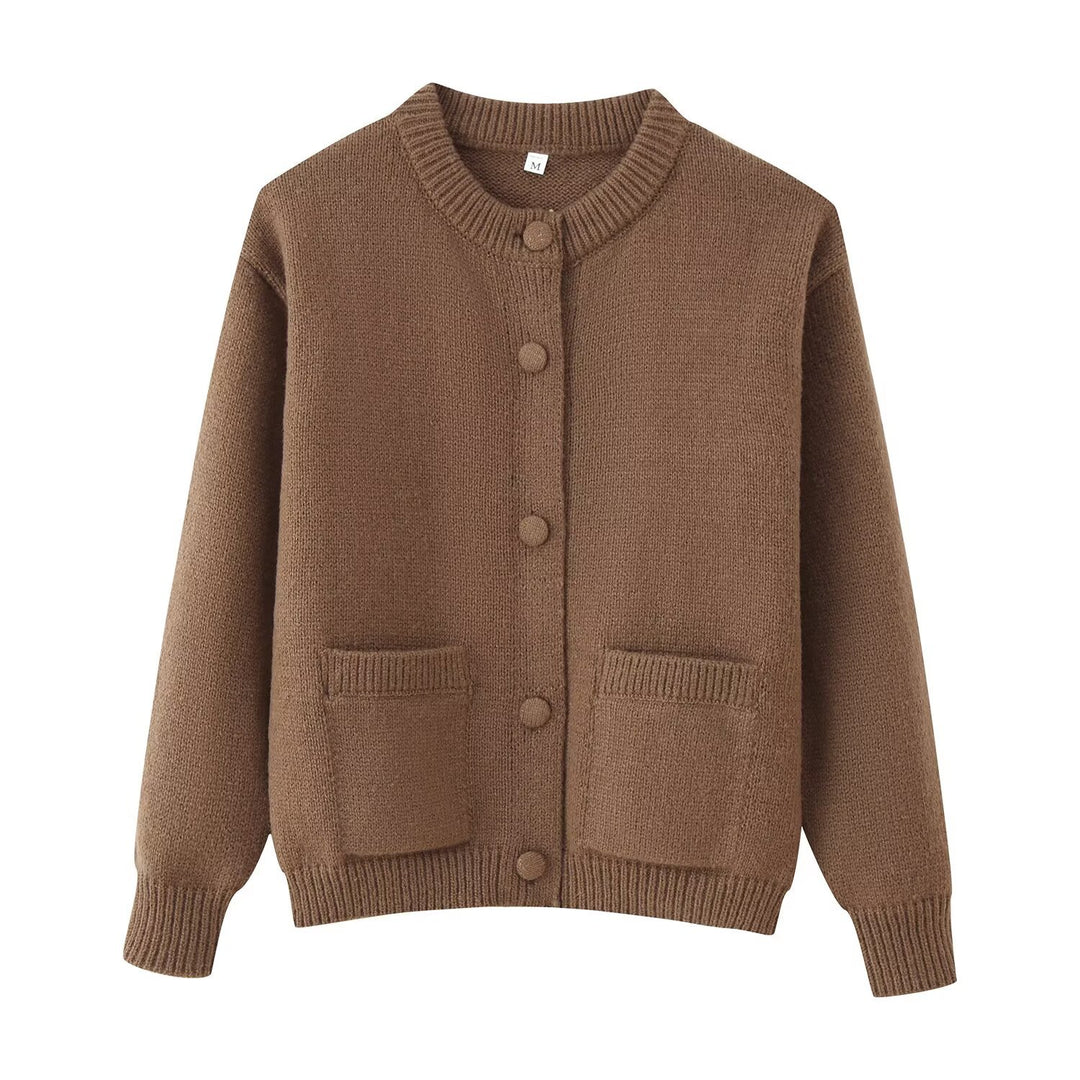 Damen 200+ Oversize Strickcardigan mit Rundhalsausschnitt, bezogenen Knöpfen und aufgesetzten Taschen Drune