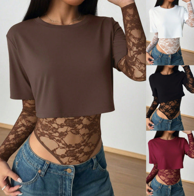 Damen Kurzschnitt-Shirt mit transparentem Spitzen-Bodysuit-Overlay Drune