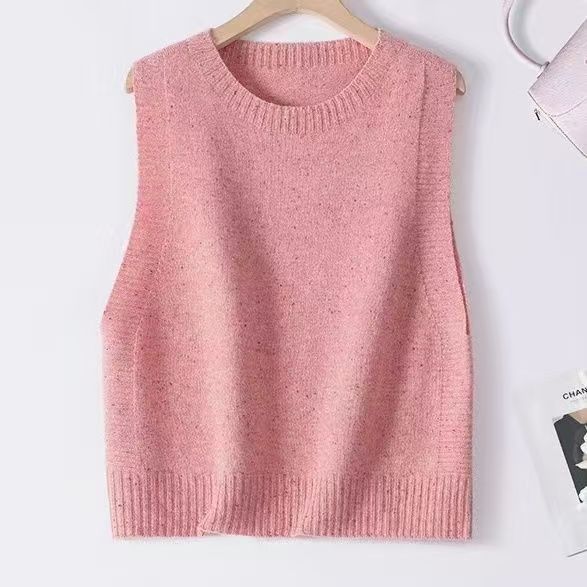 Damen Gestrickte Oversize-Ärmellose Weste mit Rundhalsausschnitt und Rippbündchen Drune