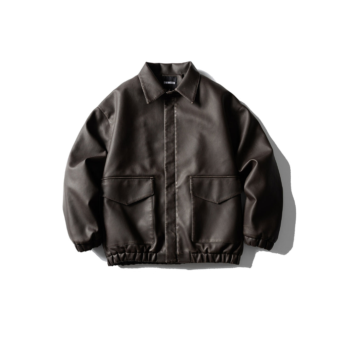 Herren Oversized Kunstleder‑Fliegerblouson mit Pattentaschen, verdecktem Verschluss und elastischem Saum Drune