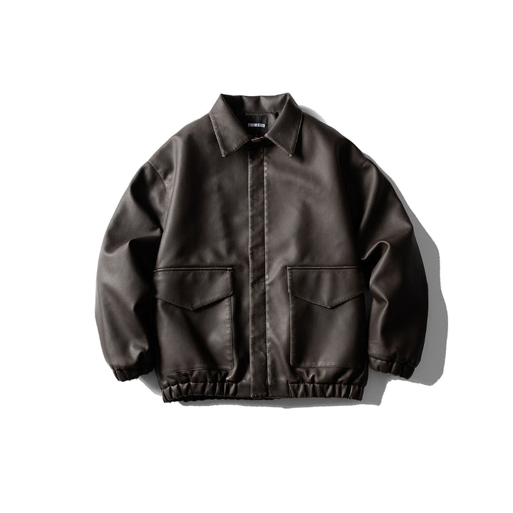 Herren Oversized Kunstleder‑Fliegerblouson mit Pattentaschen, verdecktem Verschluss und elastischem Saum Drune