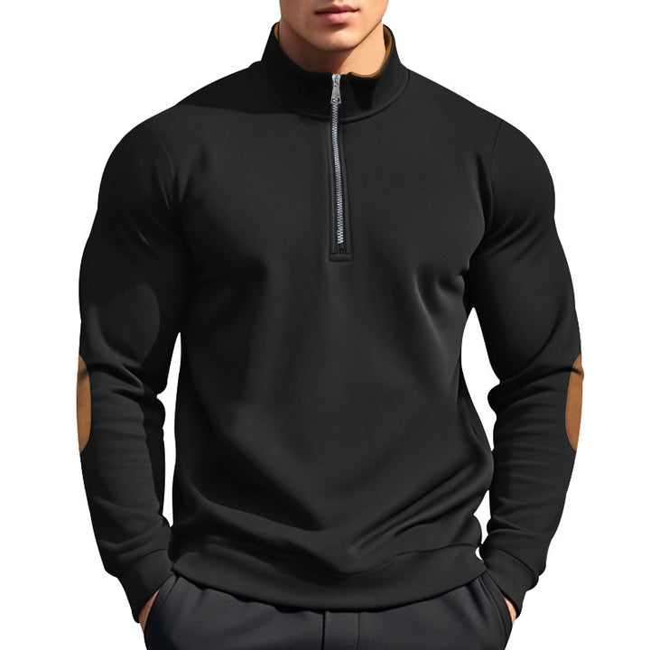 Herren nan halbhoher Zip-Pullover mit Stehkragen, Ellbogen-Patches und modernem Regular Fit Drune