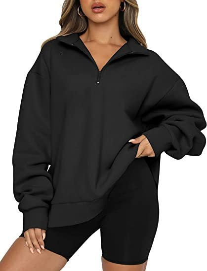 Damen nan oversized Sweatshirt mit halbem Reißverschluss, weichem Fleece-Innenfutter und Kängurutasche Drune