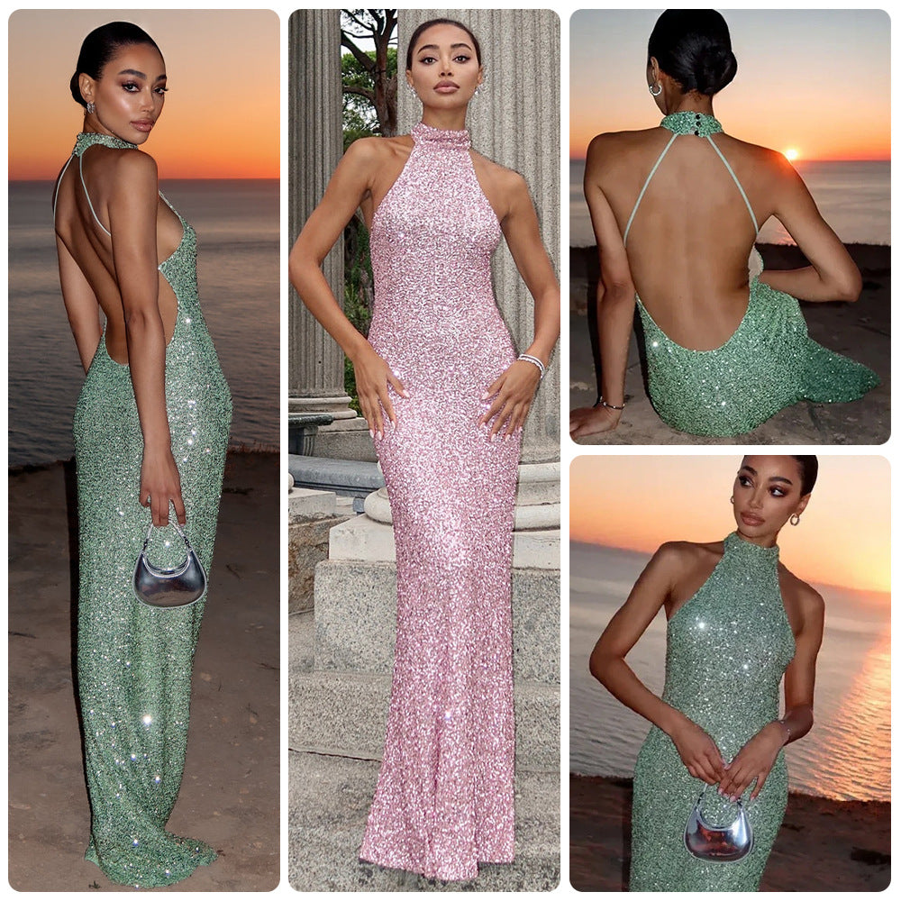 Damen Glitzerndes Abendkleid mit hohem Kragen und figurbetontem Schnitt Drune