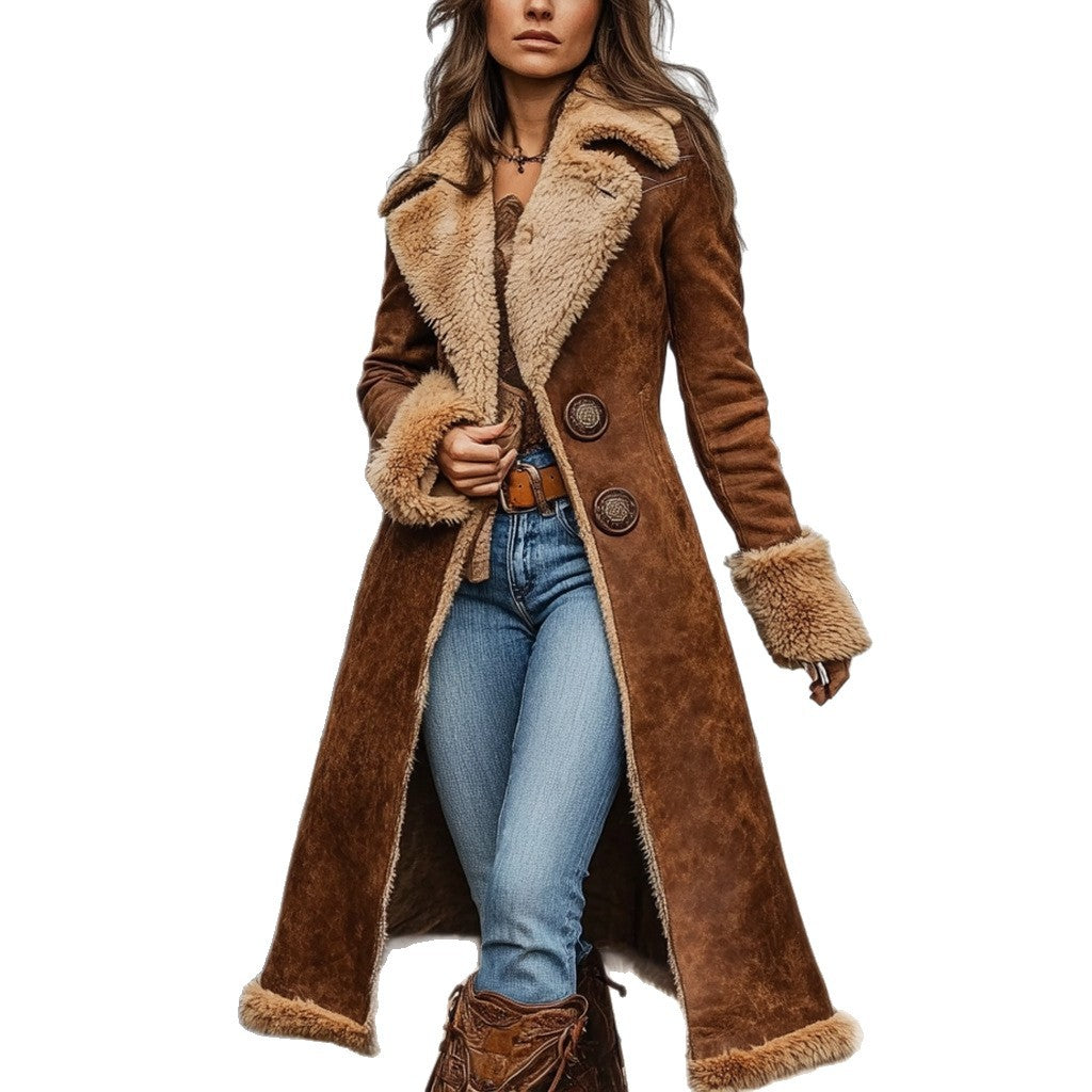Damen nan taillierter Langmantel mit Teddyfutter, Wildlederoptik und dekorativer Knopfleiste Drune