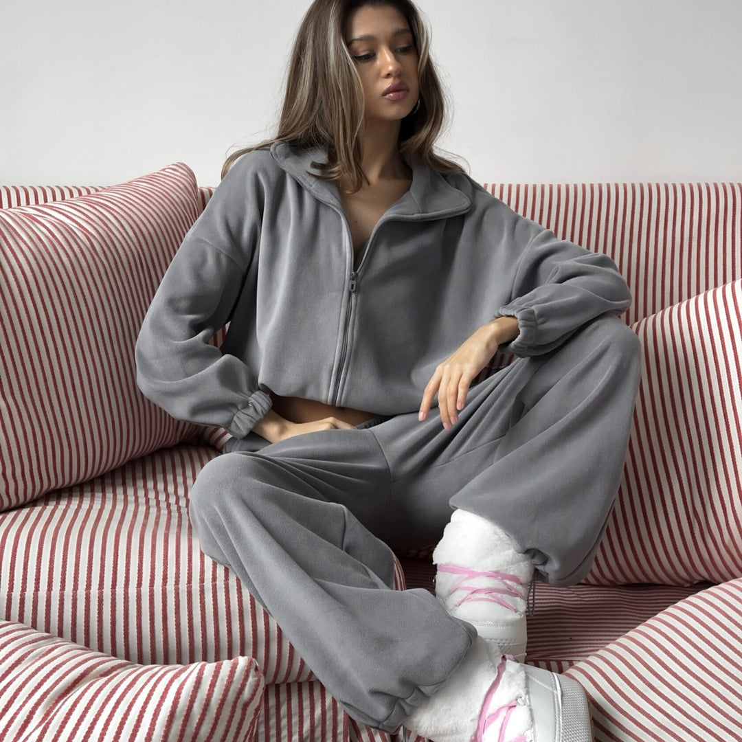 Damen Kuscheliges Fleece-Set mit kurzer Reißverschlussjacke, Stehkragen und weiter Jogginghose Drune