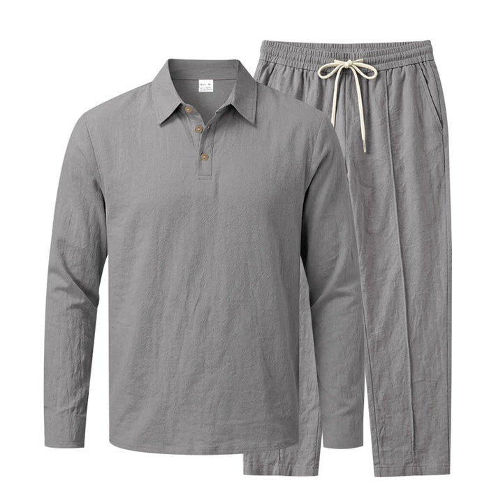 Herren Leichtes Leinen-Lounge-Set mit Henley-Kragen und elastischer Bundhose Drune
