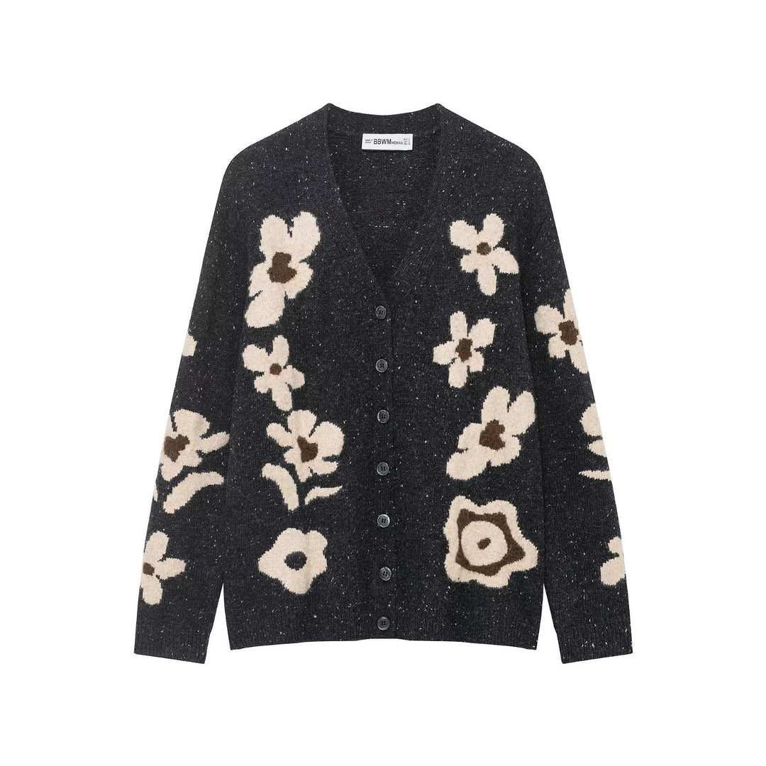 Damen Kurze Strickjacke mit Leopardenmuster und Perlenblütenknöpfen Drune