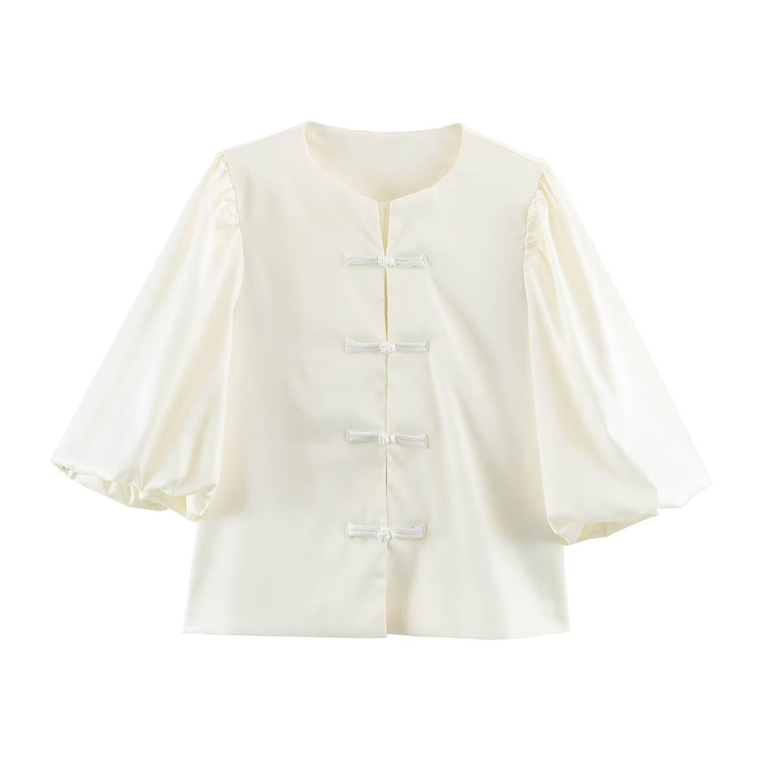 Damen Satinbluse mit chinesischen Knotenverschlüssen und 3/4 Ballonärmeln Drune