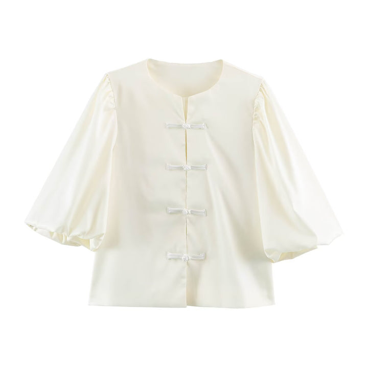 Damen Satinbluse mit chinesischen Knotenverschlüssen und 3/4 Ballonärmeln Drune