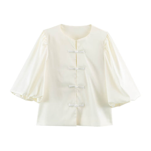 Damen Satinbluse mit chinesischen Knotenverschlüssen und 3/4 Ballonärmeln Drune