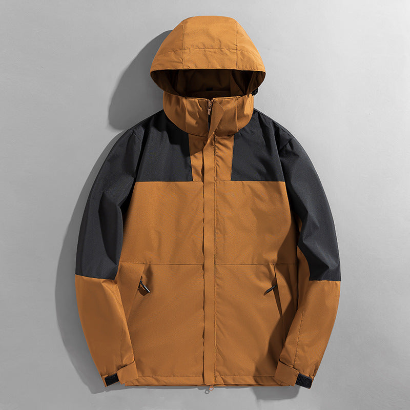 Herren zweilagige technische Kapuzen-Outdoorjacke mit hochschließendem Stehkragen und verstellbarer Kapuze Drune