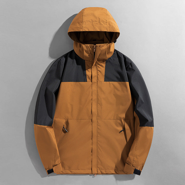 Herren zweilagige technische Kapuzen-Outdoorjacke mit hochschließendem Stehkragen und verstellbarer Kapuze Drune