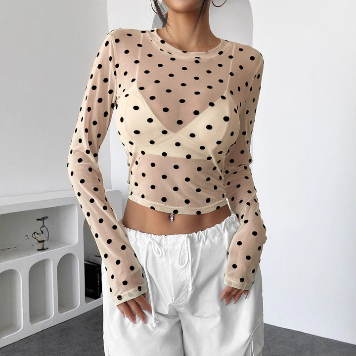 Damen nan bauchfreies Netzstoff-Oberteil mit Punktmuster und integriertem Bustier Drune