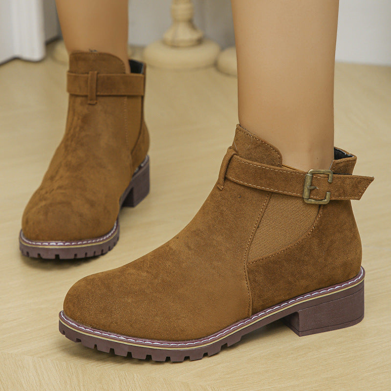 Damen kurze Ankle-Boots im Vintage-Velours-Look mit Schnallenriemen und profilierter Gummisohle Drune