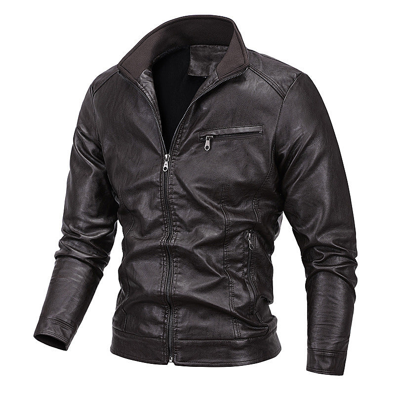 Herren Slim-Fit Kunstlederblouson mit Stehkragen und Reißverschlusstaschen Drune
