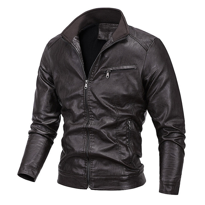 Herren Slim-Fit Kunstlederblouson mit Stehkragen und Reißverschlusstaschen Drune