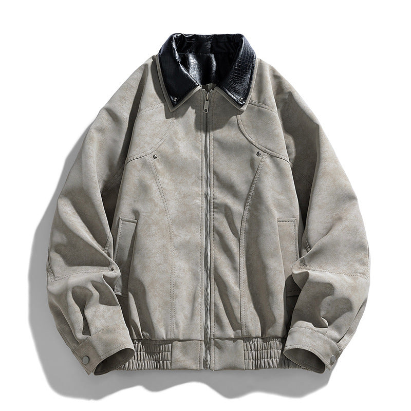 Herren Modische Kunstlederjacke mit Stehkragen Drune