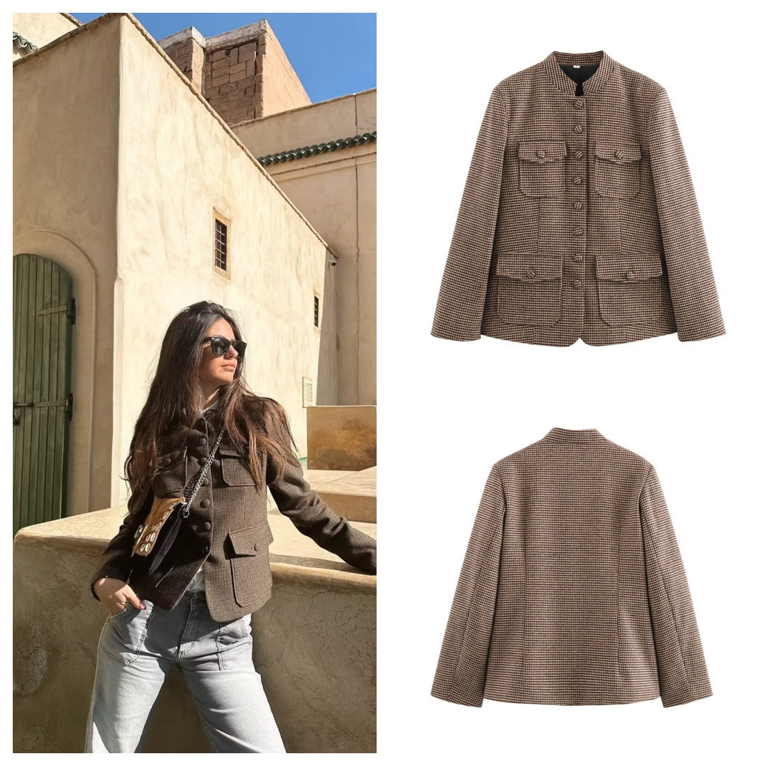 Damen elegante Karojacke mit durchgehender Knopfleiste und praktischen Taschen Drune
