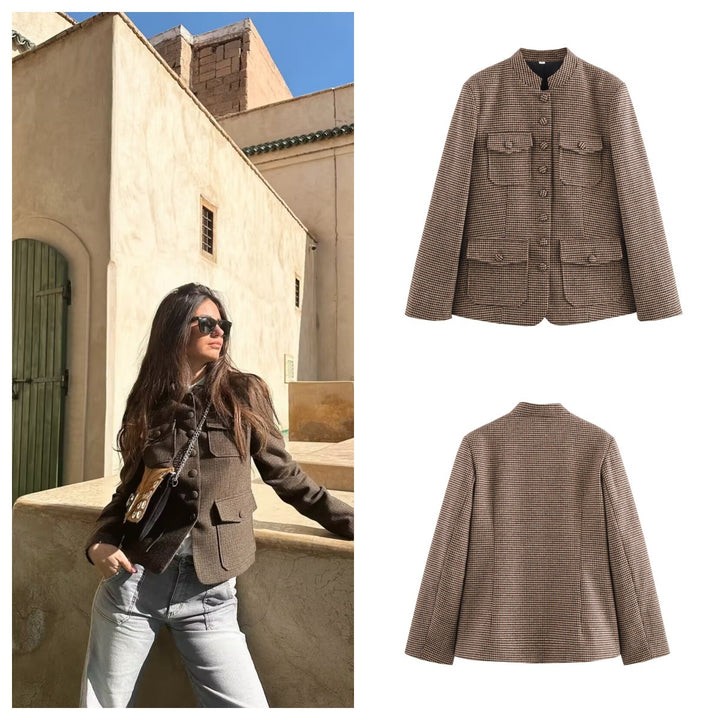 Damen elegante Karojacke mit durchgehender Knopfleiste und praktischen Taschen Drune