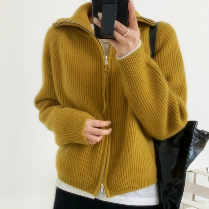Damen Oversize-Strickjacke mit Reißverschluss, Stehkragen und gerippter Struktur Drune