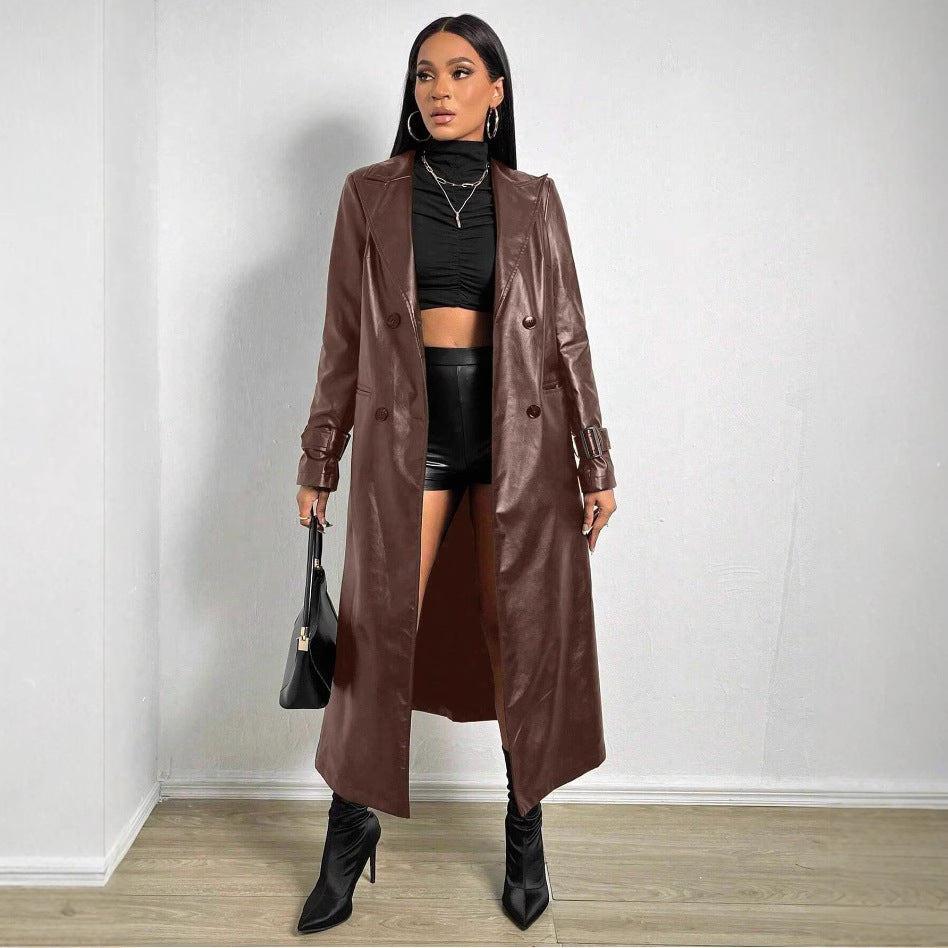 Damen Eleganter und modischer Trenchcoat aus Kunstleder Drune