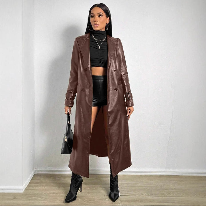 Damen Eleganter und modischer Trenchcoat aus Kunstleder Drune