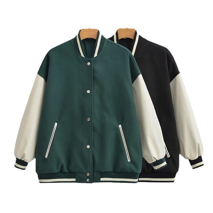 Damen Lässige Collegejacke mit kontrastierenden Ärmelakzenten und praktischen Taschen Drune