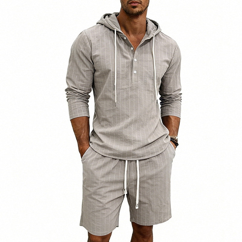 Herren nan gestreiftes Leinenoptik-Kapuzen-Henley-Set mit Tunnelzug-Shorts Drune
