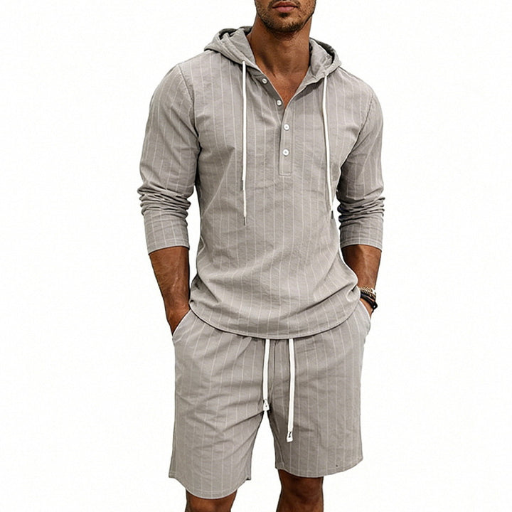 Herren nan gestreiftes Leinenoptik-Kapuzen-Henley-Set mit Tunnelzug-Shorts Drune