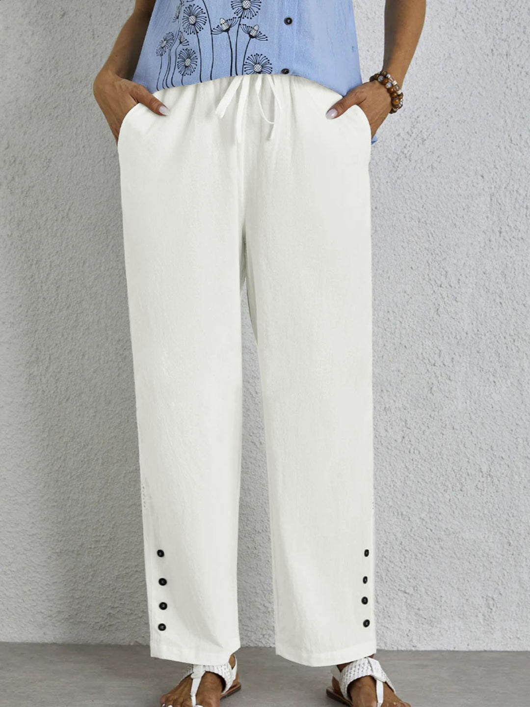 Damen Leichte Palazzo-Hose mit Gummibund, Tunnelzug und Zierknopf-Detail Drune